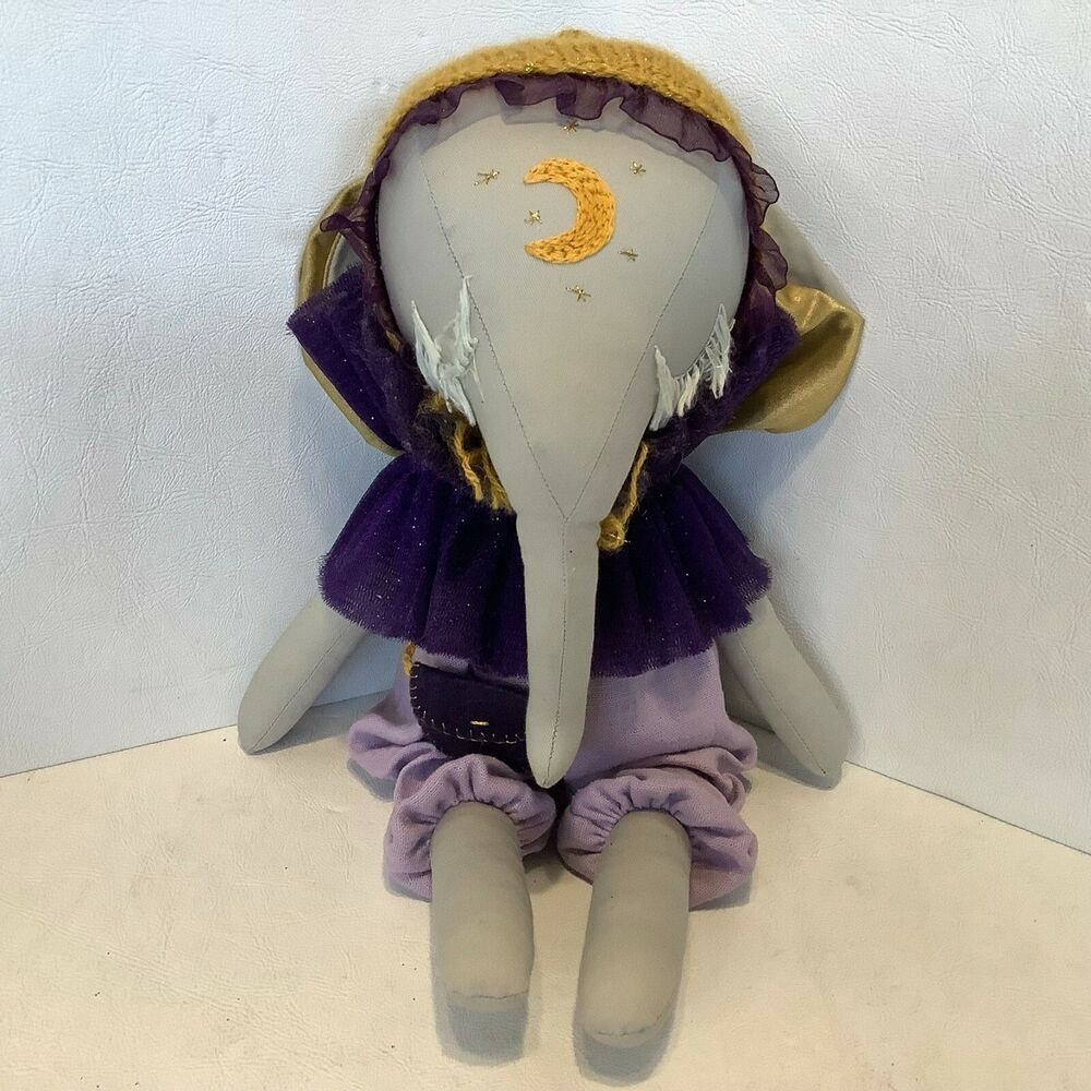 Handmade Elephant Doll Plush Crescent Moon Stars Purple Outfit Nursery